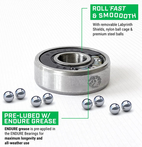 Dragon 608 Skateboard Bearings Set 8 Pack For Longboards Inline And Roller Skates, pre-lubed with labyrinth shields, close-up view.