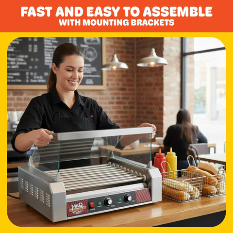 Woman assembling Hot Dog Roller Cover With Tempered Glass Sneeze Guard For Nine Roller Hot Dog Machine On Countertop Electric Grill.