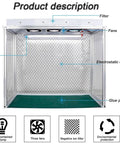 Pro Grade Clean Room Workbench Featuring Triple Fan Draft And Electrostatic Curtain, heavy aluminum lab bench interior with lamps and fans.