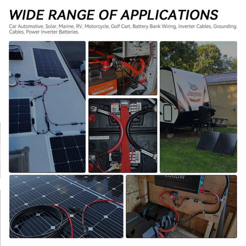 Various installations of 10 AWG Solar Extension Cable 50 Ft Red And Black With Universal Solar Connectors for RVs and boats