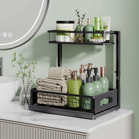 No Sweat Heavy Duty Under Sink Organizer Two Pack L Shaped Metal Pull Out Drawers For Kitchen Cabinets displayed with towels and bottles.