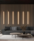 GZBtech [Apapter NOT Included] Flexible Strip Light for Wood Slat Wall Panels 16.4FT illuminating modern living room decor.