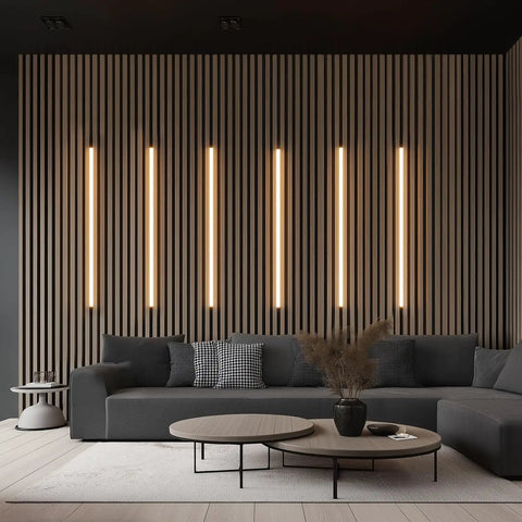 GZBtech [Apapter NOT Included] Flexible Strip Light for Wood Slat Wall Panels 16.4FT illuminating modern living room decor.