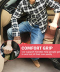 Person using 3 In 1 Car Door Handle For Elderly, Built Tough Vehicle Support Grip With Non Slip Nylon, red handle visible