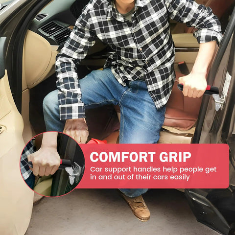 Person using 3 In 1 Car Door Handle For Elderly, Built Tough Vehicle Support Grip With Non Slip Nylon, red handle visible