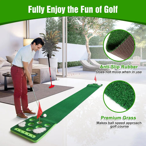 Detachable Golf Putting Green Mat Set With Four Balls, Two Cups And Flags, Portable Carry Bag For Indoor And Outdoor Party Games in use