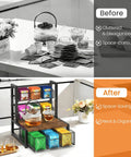 Before and after showing Industrial Rustic Tea Bag Organizer, cluttered countertop, organized 3-tier wood tea holder with drawer.