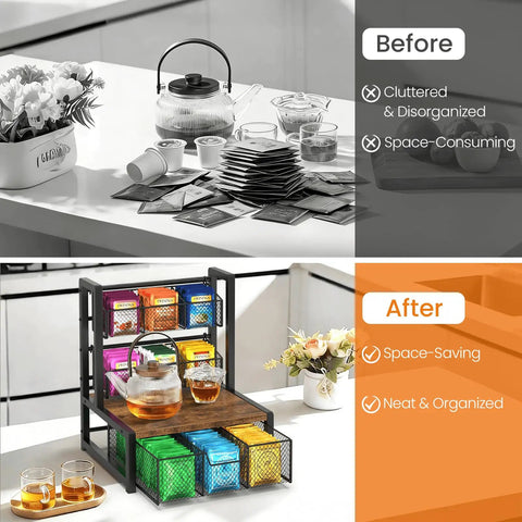 Before and after showing Industrial Rustic Tea Bag Organizer, cluttered countertop, organized 3-tier wood tea holder with drawer.