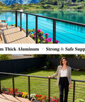 Badass Eight Foot Black Aluminum Handrail With Hella Tough Powder Coated Finish And All The Mounting Hardware You Gonna Need Plus Smooth Nylon Ends For Outdoor Decks, showing a 3mm thick aluminum railing on a scenic deck.