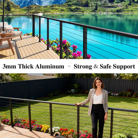 Badass Eight Foot Black Aluminum Handrail With Hella Tough Powder Coated Finish And All The Mounting Hardware You Gonna Need Plus Smooth Nylon Ends For Outdoor Decks, showing a 3mm thick aluminum railing on a scenic deck.