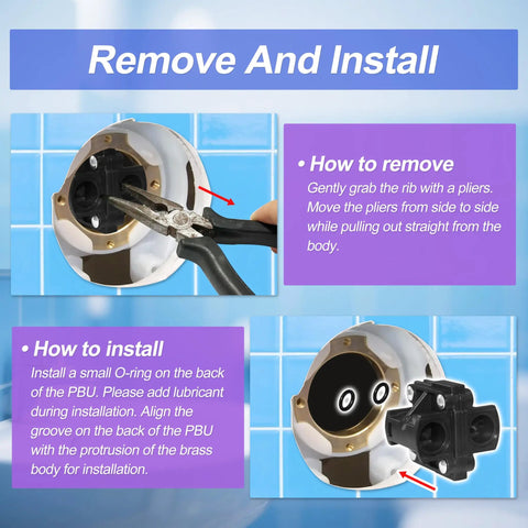 Remove and install instructions for Pressure Balancing Shower Cartridge For One Half Inch Valves Replacement Aftermarket Part