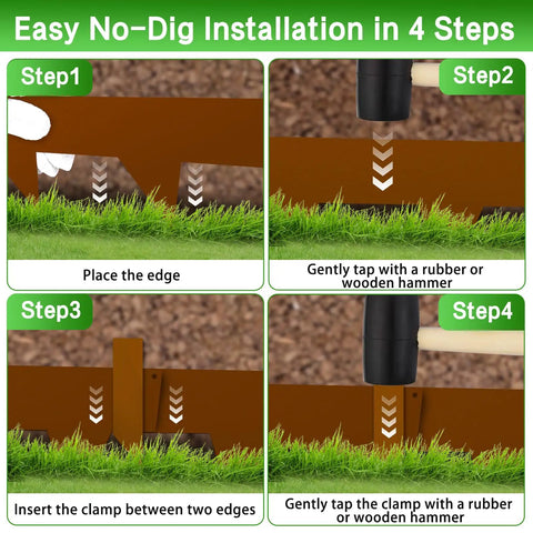 Installation guide for 33 Feet Pre Rusted Corten Steel Landscape Edging No Dig Metal Garden Border with steps from placement to clamping.