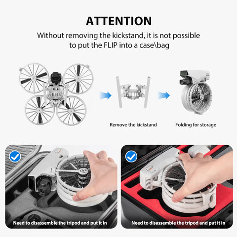 Foldable Height Extended Landing Gear For Flip Drone Accessories removal and storage illustration.
