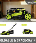40V Brushless Cordless Lawn Mower With Dual 5Ah Batteries, shown folded for compact storage in a garage.