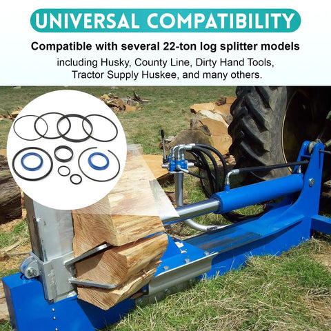 Heavy Duty Universal Hydraulic Log Splitter Cylinder Seal Kit For 4.0 Bore And 1.75 Rod Fits 22 Ton Log Splitters Rebuild Seals To Stop Leaks And Keep Your Splitter Running Smooth With Wear Resistant Seals And Built To Last displayed with log splitter in use