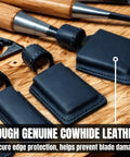 Top Shelf Genuine Cowhide Leather Sheath For Japanese Oire Nomi Chisel Edge Guard shown on a wood surface with tools.