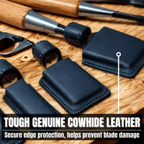 Top Shelf Genuine Cowhide Leather Sheath For Japanese Oire Nomi Chisel Edge Guard shown on a wood surface with tools.