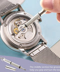 3 In 1 Glasses Repair Kit With Mini Portable Screwdrivers On Keyring in use for watch repair, stainless steel.