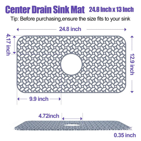Non Slip Silicone Sink Protector Mat For Kitchen, Heat Resistant Grid Design With Center Drain, 24.8x13 Inches, Gray