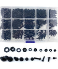 Top Shelf Heavy Duty Black Nylon Phillips Pan Head Screw And Hex Nut Assortment With 510 Metric Pieces M2 M2.5 M3 M4 M5 in storage box.