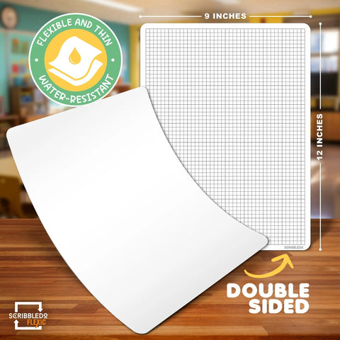 Flexible Dry Erase Sheets 9x12 Pack Of 10 For Math Practice And Graphing, lightweight double-sided with quad grid, classroom use