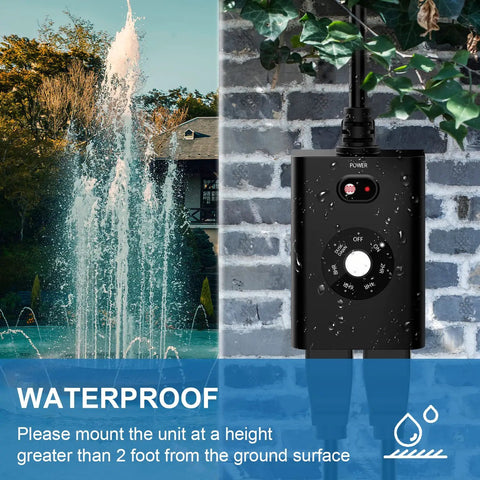 Weatherproof Outdoor Sensor Timer With Dual Grounded Outlets Delivers Zero Fuss Dusk To Dawn Light Control and Seven Quick Countdown Modes in use near a garden fountain.