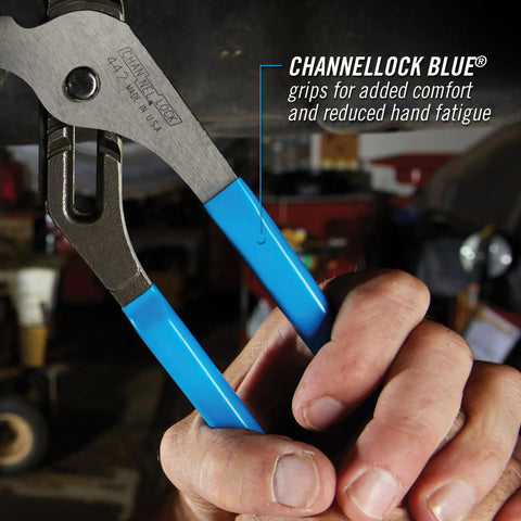 Tongue And Groove Pliers 12 Inch With V Jaw And Undercut Tongue And Groove Design shown in use with blue grip