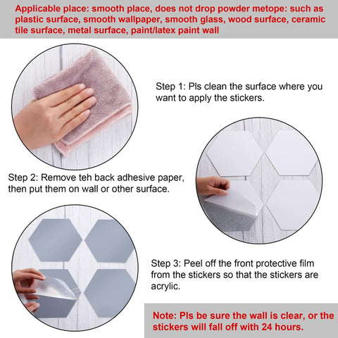 Instructions for applying Hexagon Mirror Wall Stickers Set Removable Silver Acrylic Honeycomb Decals For DIY Home Art Bedroom And Living Room Decor