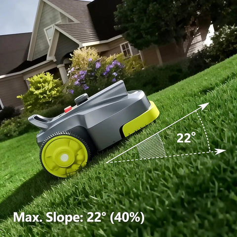 Smart Self Propelled Lawn Mower With App Control on a 22° slope lawn near a house, showcasing 1500W power and automatic mowing features.