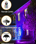 10W RGB Color Changing Landscape Lights With Remote Control illuminating house exterior, showing 270° adjustable head and IP66 waterproof feature.