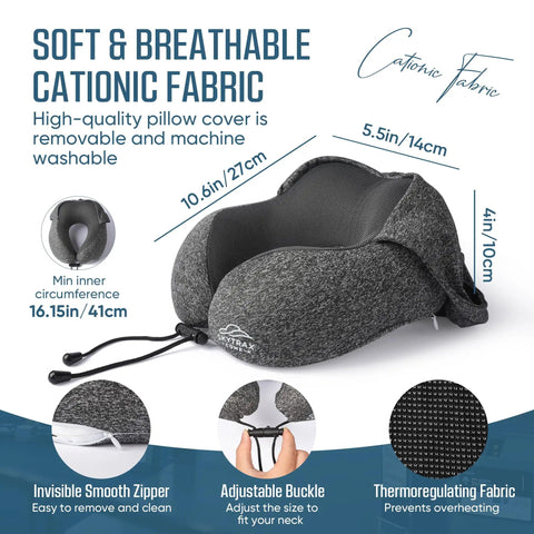 Big Hooded Travel Pillow With Memory Foam For Long Flights And Road Trips, Privacy Shield, Super Snug Neck Support, Skin Friendly Cover For Plane Car Office Sleep Grey with dimensions and fabric details.