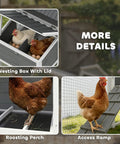 Portable Chicken Coop On Wheels With Run 80 Inch Long Wooden Hen House With Nesting Box Removable Tray And Ramp For Two To Three Hens Outdoor Poultry Cage In Gray Easy To Move, featuring nesting box, roosting perch, and ramp details.