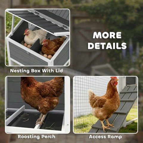Portable Chicken Coop On Wheels With Run 80 Inch Long Wooden Hen House With Nesting Box Removable Tray And Ramp For Two To Three Hens Outdoor Poultry Cage In Gray Easy To Move, featuring nesting box, roosting perch, and ramp details.