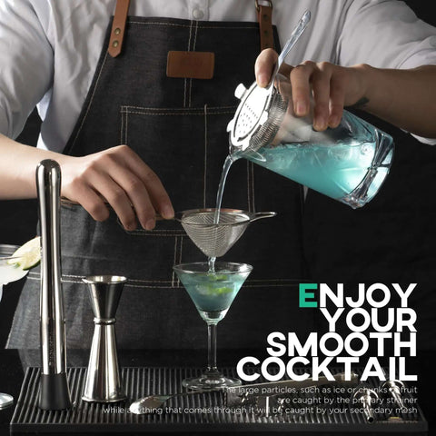 Bartender using 3.3 Inch Fine Mesh Strainer 304 Stainless Steel Cocktail Sieve for crafting blue cocktail at home bar