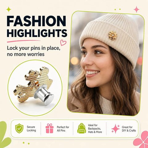 Locking Pin Backings Set for Enamel Pins and Badges showing a secure clasp on a beanie, ideal for hats and backpacks.