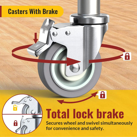 Close-up of locking swivel caster wheels 4 inch set of 4 heavy duty pro grade expanding stem casters with brake and lock mechanism.