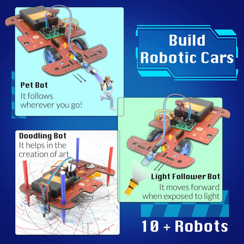 Image of Ten In One STEM Robotics Kit For Kids Aged 8 To 14 With Hands On Electronics And Engineering Projects showing robotic cars.
