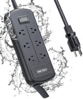 Weatherproof Outdoor Power Strip With 3 USB Ports And 6 Outlets, 6 Ft Cord, Waterproof Surge Protector with splashing water effect.