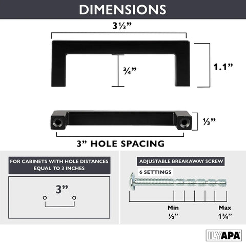 Dimensions diagram for Oil Rubbed Bronze 3 Inch Drawer Pulls Set 25 Pack Modern Square Cabinet Handles, showing 3 inch hole center
