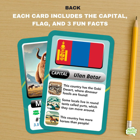Ultimate Geography Flash Cards Set With 100 Countries Capitals Flags Maps And Continent Codes For Kids; card showing Mongolia