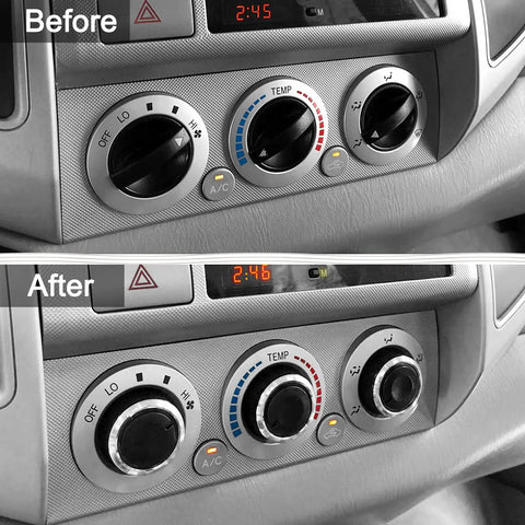 Before and after installation of Toyota Tacoma AC Knob Set Of 3 Replacement Buttons For Temperature And Fan Control Fits 2005 2015 Models SR SR5 TRD Pro Limited Off Road Easy No Tools Required