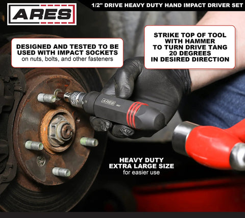 Three Eighths Inch Drive Manual Reversible Impact Driver Kit With Flathead Bits Five Sixteenths And Three Eighths Inch in use on rusted bolts