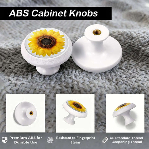 Sunflower Cabinet Knobs Set 4 Pack In Bright Yellow Realistic Petal Detail Glossy Finish on textured fabric.