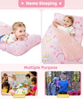 Pink Princess Toddler Nap Mat For Preschool Girls With Removable Blanket And Pillow Unicorn Castle Pattern in use at daycare
