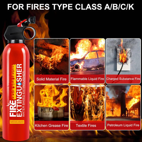 Compact Water Based Portable Fire Extinguisher With Mount Bracket For Home Kitchen Car Boat RV And More 620ml Class A B C K Fire Safety In Tight Spaces With Easy Mount And Secure Storage, shown with fire types.