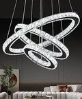 Three Ring Tiered Crystal Chandelier Pendant Light Dimmable LED Fixture In Stainless Steel Silver Finish A Sleek Showpiece