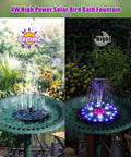 Day and night view of Upgraded Solar Fountain For Garden Pond And Bird Bath With 60 LED RGB Lights 7 Nozzles And 4 Fixers Built In 4000mAh Battery Ideal Outdoor Water Feature For Yard Pool