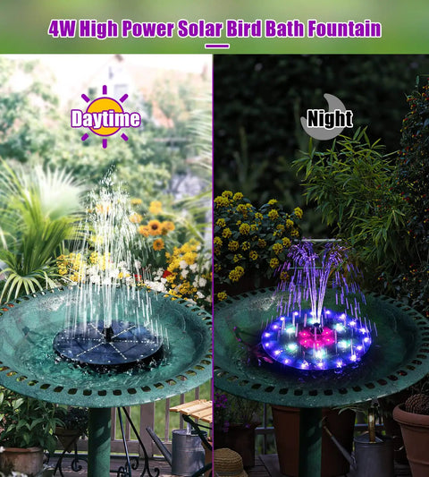Day and night view of Upgraded Solar Fountain For Garden Pond And Bird Bath With 60 LED RGB Lights 7 Nozzles And 4 Fixers Built In 4000mAh Battery Ideal Outdoor Water Feature For Yard Pool
