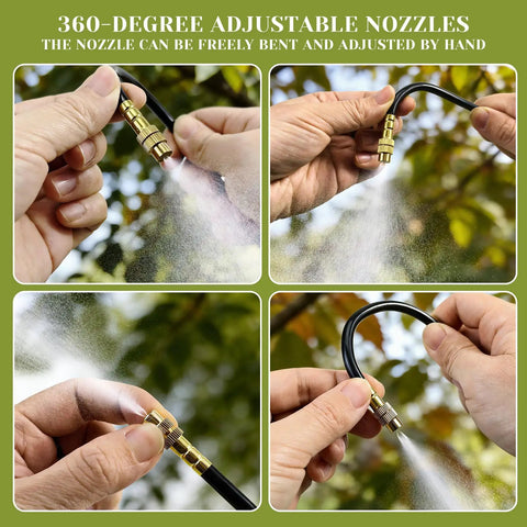 Hands adjusting 360-degree brass nozzles of 100 Ft Drip Irrigation System For Garden With 16 Adjustable Brass Nozzles And Bendable Rods