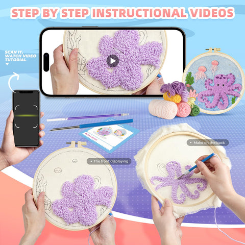 Easy Peasy Beginner Punch Needle Kit For Adults with tutorial video and tools, featuring octopus design on linen
